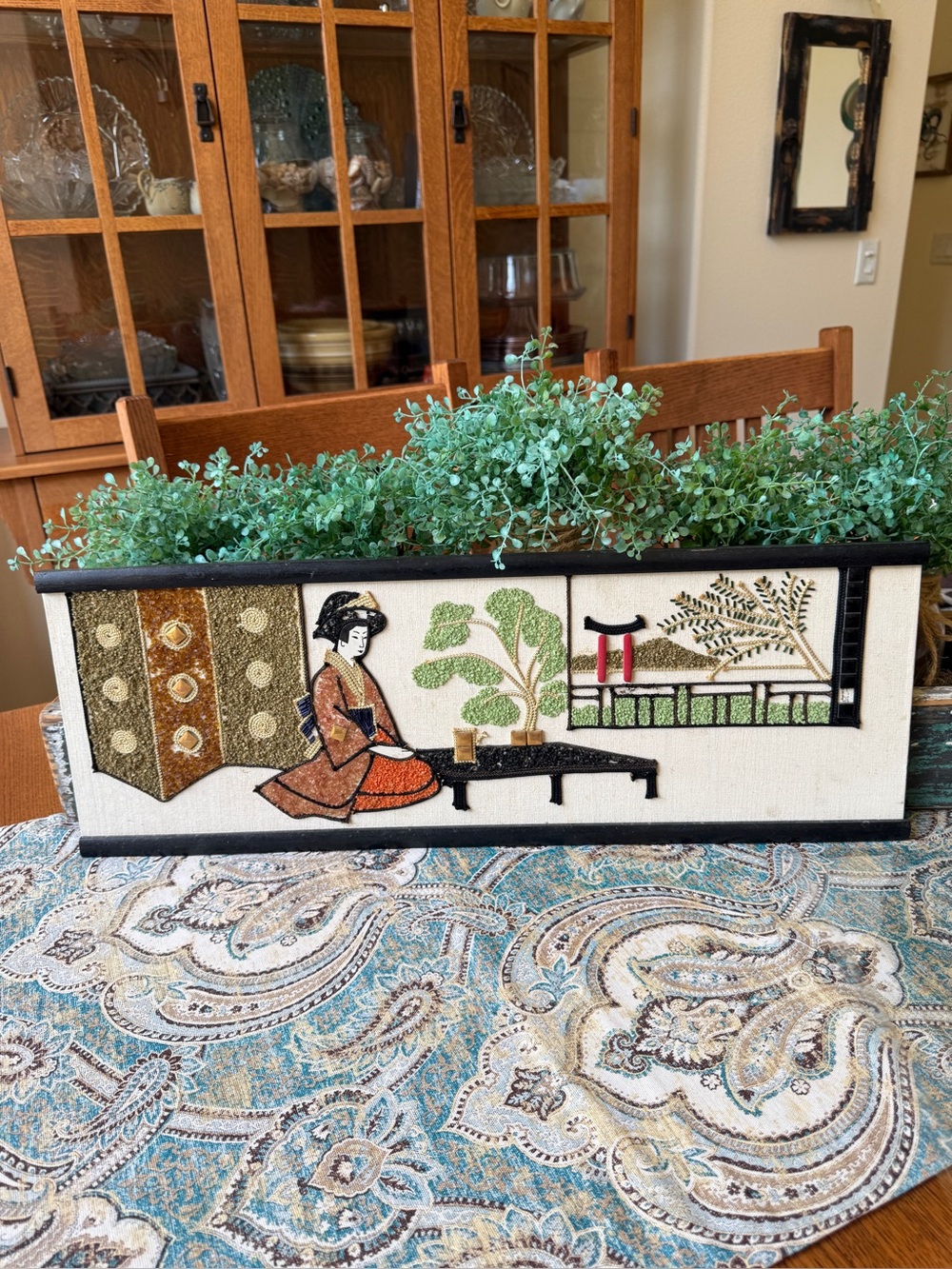 Japanese Gravel Pebble Art Wall Hanging Woman Garden Scene 24x9 Vintage